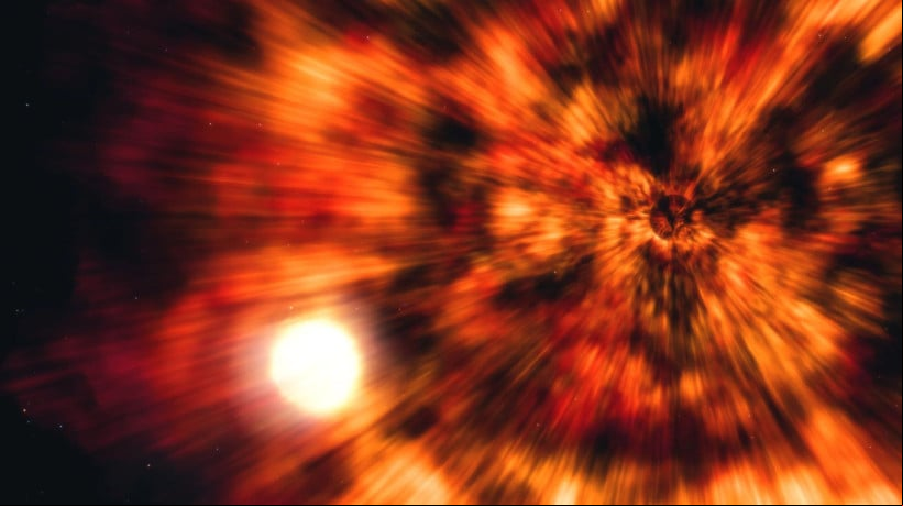 Na ilustração, efeitos do colapso e da explosão de supernova de uma estrela massiva; entenda
